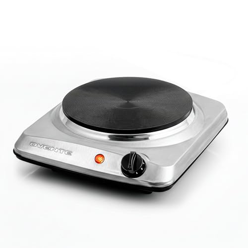 OVENTE Electric Countertop Single Burner, 1000W Cooktop with 7.25 Inch Cast Iron Hot Plate, 5 Level Temperature Control, Compact Cooking Stove and Easy to Clean Stainless Steel Base, Silver BGS101S
