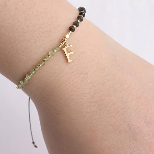 Gold Beaded Natural Stone Initial Bracelets for Women, Boho Handmade Dark Green Personalized Turquoise Gemstone Beads Letter Name Adjustable Bracelet Bohemian Jewelry Gift - Image 3