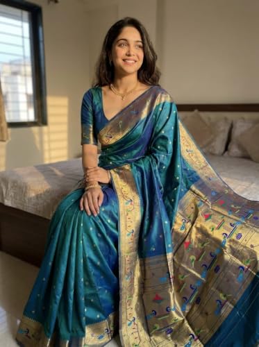 Generic peacock blue paithani silk saree in soft silk – image 4