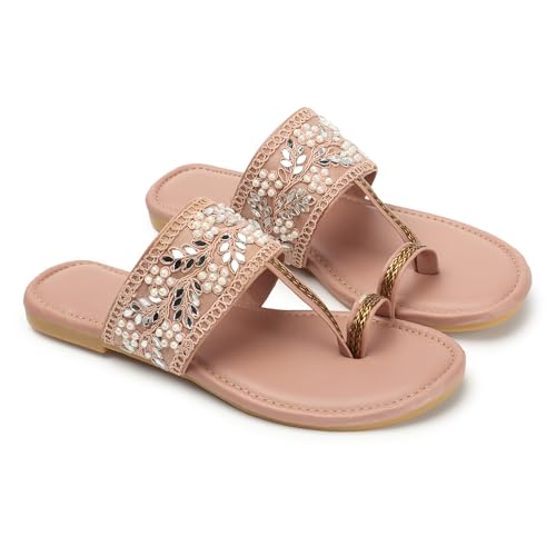 Image of Naitik Women's Kolhapuri Stylish Casual Flat Sandals, Ethnic Flat Chappals for Party & Occasions(Peach)