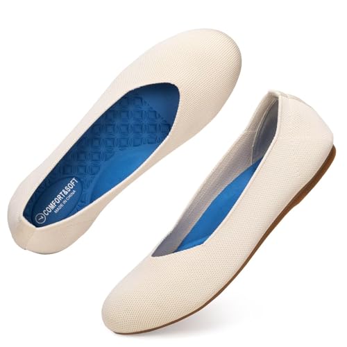 Image of Frank Mully Women's Ballet Flats Round Toe Walking Flats Slip On Work Shoes Knitted Flats Shoes for Woman Soft Lightweight