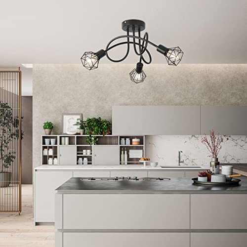 Industrial 3 Way Ceiling Light Chandelier Semi-Flush Mount E14 Base Black Metal Caged 3 Lights Ceiling Light Fixture for Bedroom Living Dining Room Hallway(Bulbs not Include) - Image 3