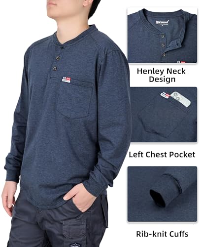 Image of BOCOMAL FR Shirts for Men Long Sleeve EX Soft Flame Resistant Henley CAT2 | NFPA2112 6oz Midweight Cotton Knit Heather Series,Moisture-Wicking /Breathable,Chest Pocket,Rib-Knit Cuffs,Summer Work T Shirt