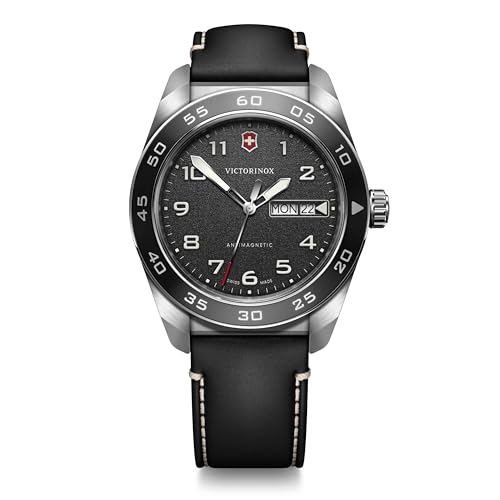 VICTORINOX(ビクトリノックス) SWISS ARMY 腕時計 アナログ 防水 メンズ クォーツ ブラックダイヤル ブラックレザーストラップ ステンレススチールケース(316L) ストラップ交換 5年保証 ブランド ギフト 黒 革バンド [国内正規