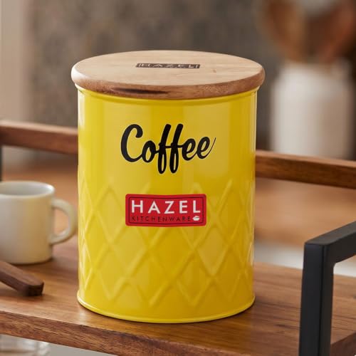 Image of HAZEL Coffee Storage Airtight Container with Wooden Lid Metal Coffee Jar 800ml