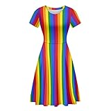 Irisjudy LGBTQ Pride Rainbow Sundress Dress Short Sleeve, Colorful Stripes Women Casual Holiday Wrap Round Neck Summer Tops