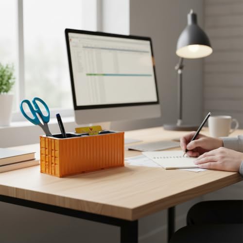 Image of Shipping Container Pen Stand, Container Style Desk Organizer Pen Stand for Office Table Shipping Company, Unique Tabletop for Gifting (Orange)