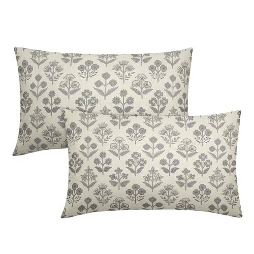 Sivirary Grey Gray Floral Pillow Covers 12x20 Inch Set of 2, Block Print Lumbar Flower Cream Decorative Throw Pillowcases Outdoor Farmhouse Rectangle Cushion Covers Spring Summer Sofa Couch Bed Decor