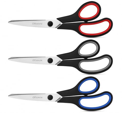 OfficeOne 3-Pack Heavy Duty Scissors 8 Ultra Sharp Multipurpose Scissors with Comfort Grip Handles for Office School Home Crafts & Sewing (3)