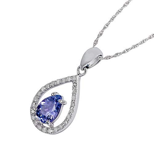 10K White Gold Genuine Pear-Shape Tanzanite And Diamond Halo Teardrop Pendant Necklace #TOP1