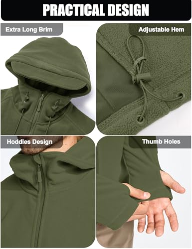 CRYSULLY Mans Army Multi-Pocket Full Zip Outerdoor Tactical Jackets Warm Hoodie Parka Jacket Green