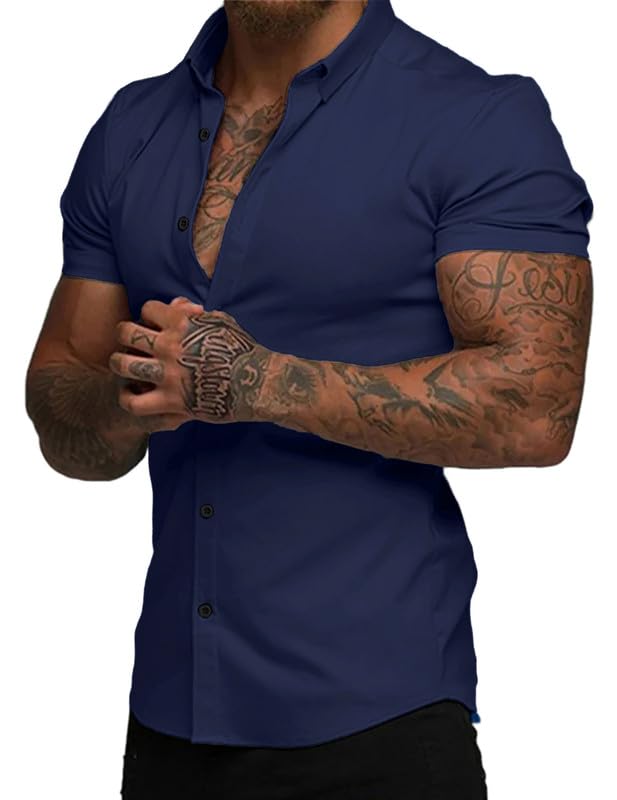 Elegancity Herren Sommerhemd Dunkelblau Kurzarm Atmungsaktiv Freizeithemd Elastische Businesshemd Bügelfrei Shirt Faltenfreie Kurzarmhemden Button Down XL