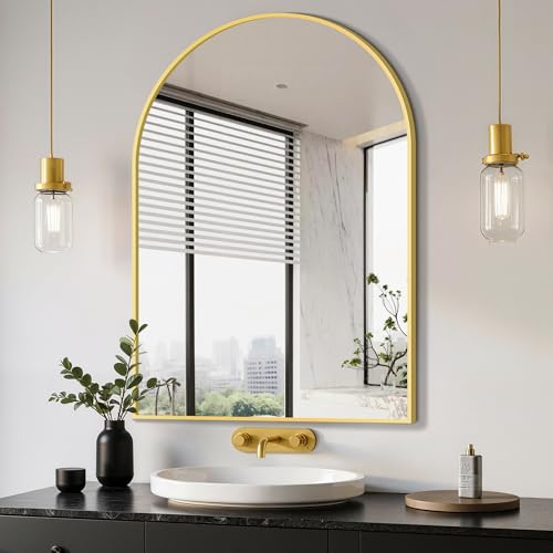 Delma Arched Bathroom Mirror, 26"x38" Wall Mounted Vanity Mirror for Bedroom, Living Room and Entryway, Gold