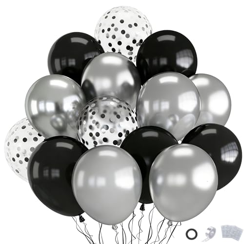 Image of Black and Silver Balloons, 70pcs Silver Black Balloons with Confetti for Birthday Wedding Engagement New Year Bachelorette Party Party Supply
