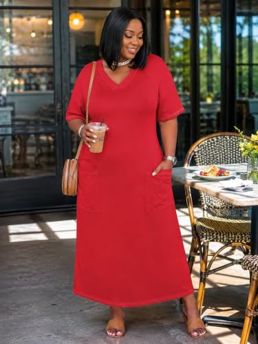 Image of Plus Size Maxi Dress for Women Short Sleeve V Neck Casual Loose Sundress with Pockets