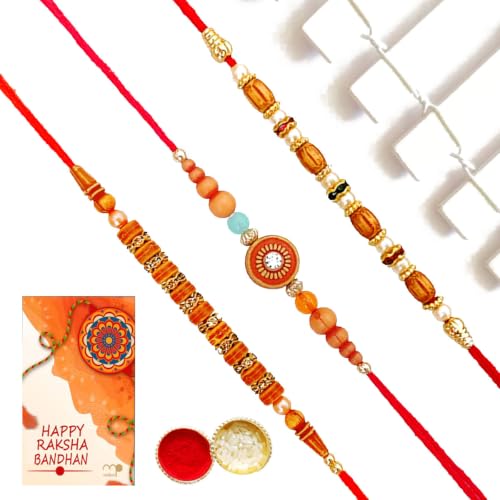 Image of Maalpani Three Fancy Pearl and Bead Rakhi with Celebration Pack | Rakhi Chocolate Hamper For Brother