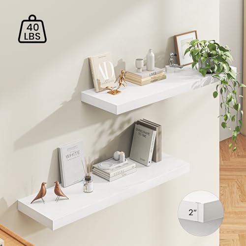 Image of Dreamland 48 inch Floating Shelves for Wall, 12 inch Deep Thicker White Floating Shelves, Wall-Mounted Shelves for Bedroom, Living Room, Kitchen, Bathroom - Set of 2
