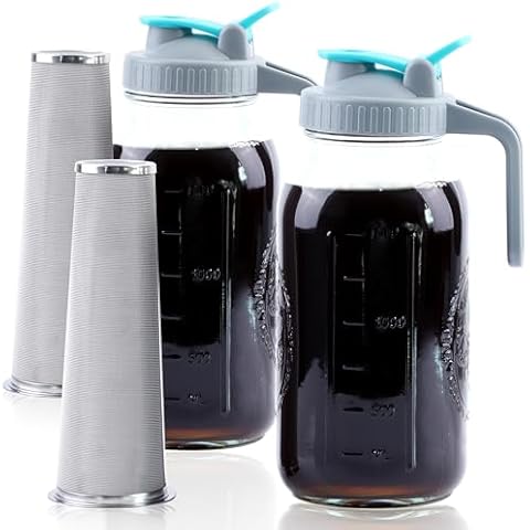 Cold Brew Coffee Maker 64 Oz Wide Mouth Mason Jar Iced Coffee Maker 2 Set Half Gallon Glass Pitcher With Strainer 2 Quart Cold Brew Pitcher With Spout Lids For Fridge, Lemonade, Cold Brew, Milk Cover