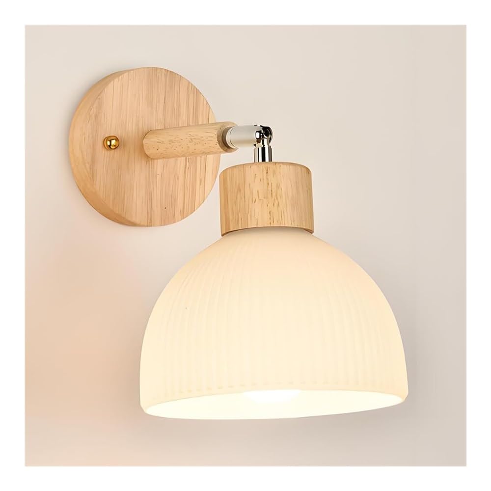 SXECAEPS Bedroom Wood Wall Lamp Modern Nordic Sconce with Glass Shade, 180° Adjustable Indoor Lantern for Bedside Living Room Study Corridor Entryway Restaurant Mounted Lamp(A)