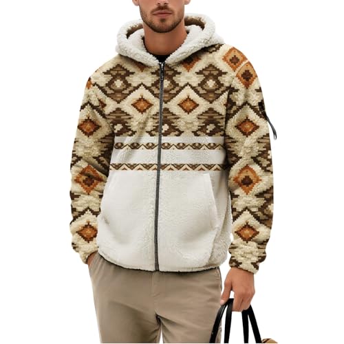 Mens Fleece Winter Coats with Hood Aztec Cowboys Western Jackets Zip Up Long Sleeve Casual Hoodies Outerwear
