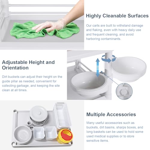 Medical Carts with Wheels 2 Tier Mobile Esthetician Cart 220 LBS Load Hospital Trolley Cart for Ultrasound Scanner Utility Cart with Bucket Sharp Box Storage Basket for Beauty Salon Dental Clinic Home