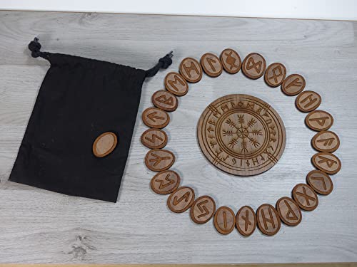 Generisch Vegvísir Vegvisir Wooden Rune Stones Set of 25 Runes 30 x 40 mm Compass 130 mm, Walnut, Runen 30x40mm Kompass 130mm - Image 2