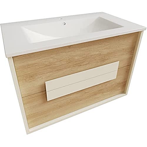 Atrios Modelo Hera Conjunto Baño con 2 Cajones y Tirador Lacado Blanco, Lavabo Porcelánico, Mueble MONTADO, Suspendido en Pared, Madera, Laminado Roble, 80 cm