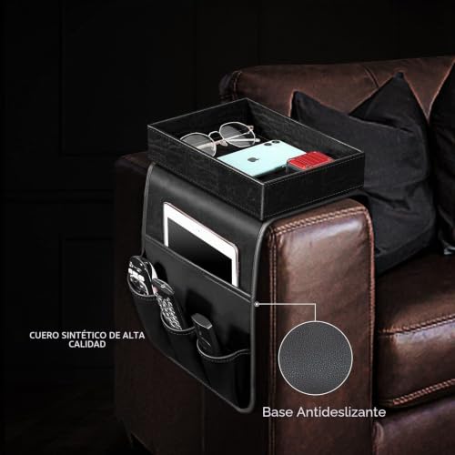 Miniatura 3 de Sithon Organizador De Reposabrazos Para Sofá Con Bandeja Desmontable, Antideslizante Almacenamiento Organizer Para Silla Con 5 Bolsillos, Para Revistas Teléfono Anteojos Mando A Distancia, Negro