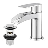 Basin Taps with Waste, BATHWEST Waterfall Basin Tap Monobloc Chromed Brass Bathroom Sink Taps with Sink Plug 112N