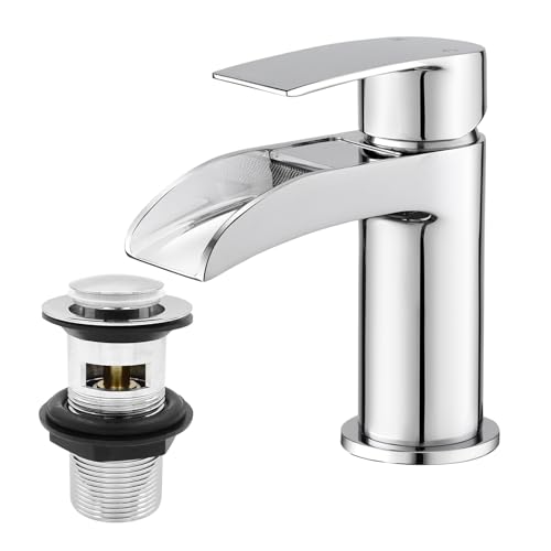 Basin Taps with Waste, BATHWEST Waterfall Basin Tap Monobloc Chromed Brass Bathroom Sink Taps with Sink Plug 112N