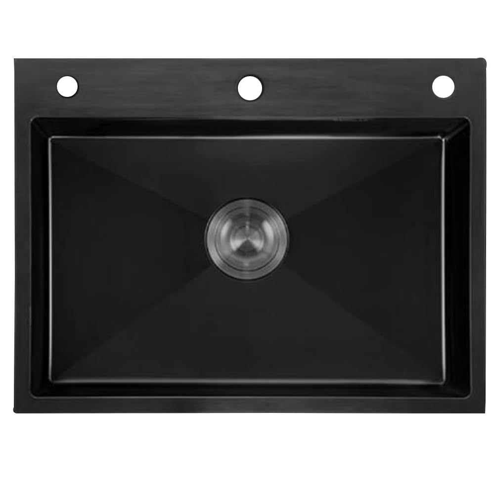Czarny zlewozmywak kuchenny ze stali nierdzewnej 80 x 45 cm – 22 cm głębokości, pojedyncza miska z sitkiem i zestawem przelewowym odpadów, nowoczesny design do użytku domowego i komercyjnego, umywalka
