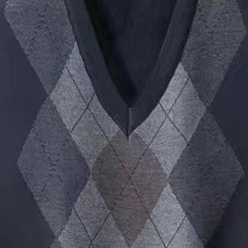 Rhombus Patterned Sweater Vest Sleeveless Men Fall Winter Print V Neck Knitted Thick Warm Sweater Navy Blue L4