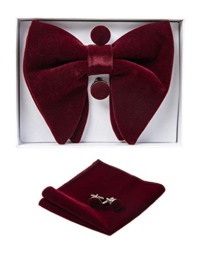 Image of GUSLESON Mens Solid Plaid Velvet Pre-tied Adjustable Bow Tie and Pocket Square Cufflink Set with Gift Box