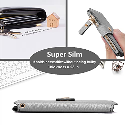 Image of Keychain wallet, Rfid Blocking Credit Card Holder Leather, Zipper Card Case for Women, Gray, Fashion
