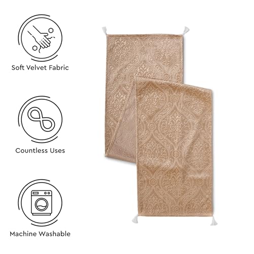 Image of Encasa XO 4 to 6 Seater Dining Embossed Velvet Table Runner | Size 32x183 cm | Beige Color with Premium Polyester - Machine Washable