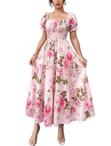 Robe longue imprimé floral femme col carré manches bouffantes ligne A