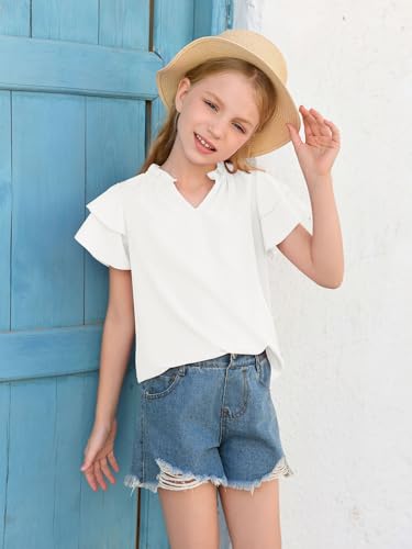 Haloumoning Girls Ruffle Short Sleeve T Shirts Casual V Neck Chiffon Blouse Cute Summer Tops 5-14Y4
