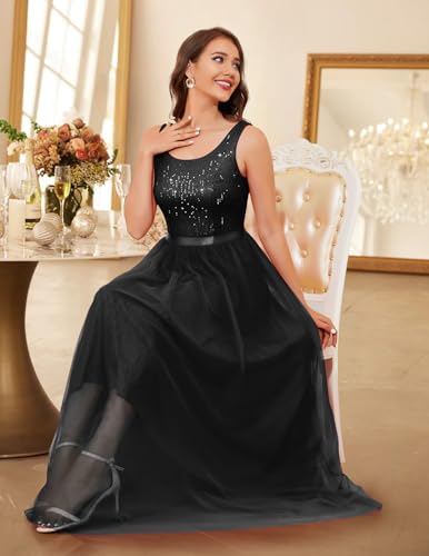 Image of BeryLove Sequin Dress for Woman Vintage A Line Wedding Formal Swing Mesh Dress Sleeveless Cocktail Maxi Gowns