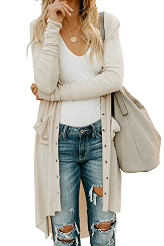Sidefeel Women Long Sleeve Solid Color Button Down Knit Ribbed Cardigans Outwear Small Apricot
