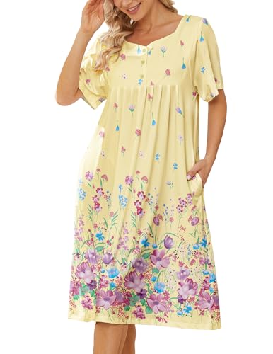 Image of House Dresses for Women with Pockets Mumu Dresses Short Sleeve Moo Moos for Women Nightgown Duster Lounge Dress S-3XL