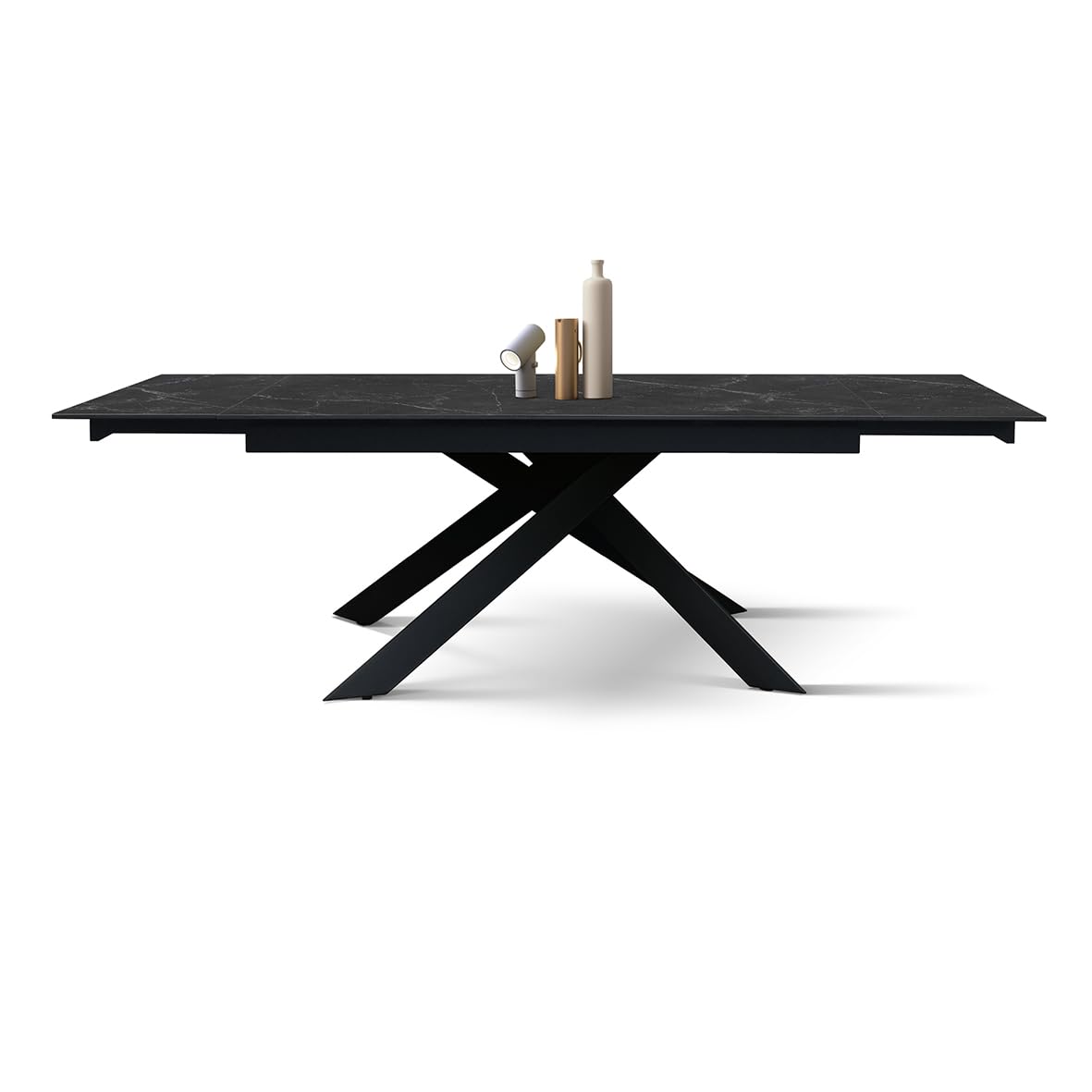 PAZZO DESIGN Tavolo Allungabile Eugenio, Piano Ceramica Calacatta Nero Lux, Gambe in Metallo Incrociate Nere, Cucina, Salotto, Ceramica, 160 x 90 x h76 cm - id_2287