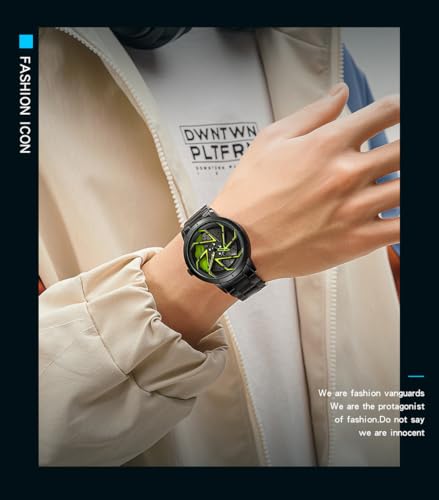 Image of FANMIS Men's Racing Car Wheel Watch 3D Spinning Dial Stainless Steel Watch | Creative 3D Spinning Car Quartz Large Skeleton Face and 30M Water Resistance Designed for Car Fans and Daily Wear.