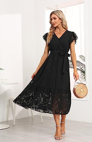 Image of VintageClothing Womens Sundress Casual Floral Summer Boho Dress | Flowy Wrap V Neck Ruffle A-Line Pleated Hem Midi Dresses