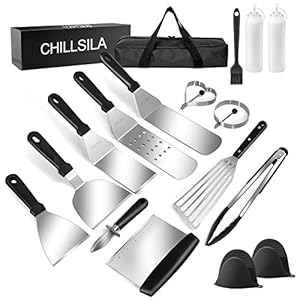 Plancha Grillspatelset, professioneel grillbestek, grillspatel, BBQ gereedschapsset, roestvrij staal, 16 stuks, voor buiten en binnen