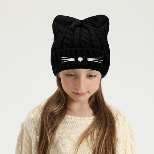 Kids Girls Cat Ear Hat Winter Warm Knit Beanie Cute Ski Skull Cap for Ages 7-122