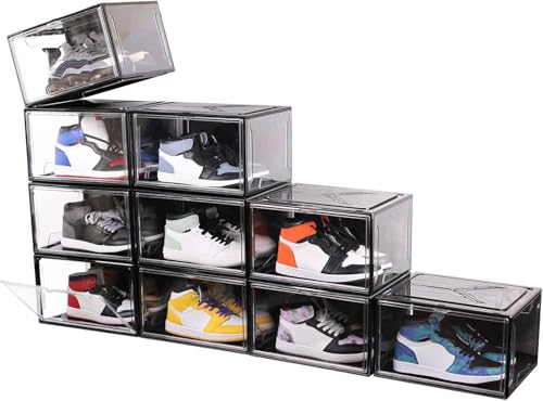 KDOR Shoe Boxes Black Plastic Stackable 10 Pack Sneaker Storage Boxes with Magnetic Door, Acrylic...
