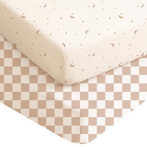 Konssy Muslin Crib Sheets for Boys, Soft Cotton Neutral Baby Sheets for Standard Crib Mattress 2 Pack, 52'x28' (Coffee Check,Moon)
