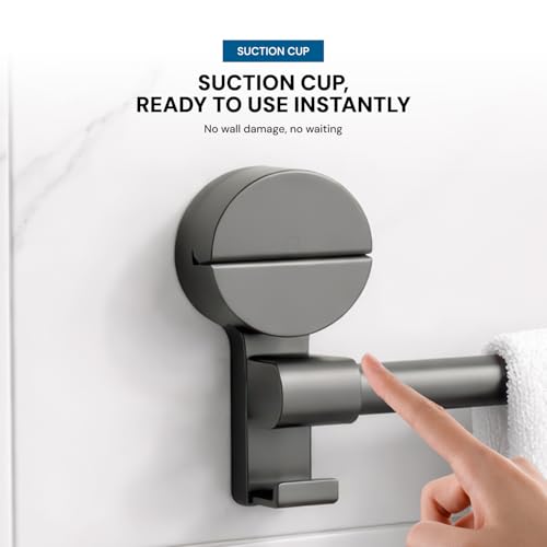 Image of MIORAH Suction Towel Holder for Bathroom - Rust - Free Powder Coated Wall Mounted Towel Rack No Drill Towel Rack Modern Bathroom Accessories Organizer Grey
