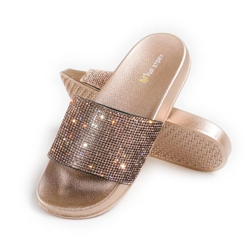 Fur Story Womens Slides House Slippers Rhinestone...