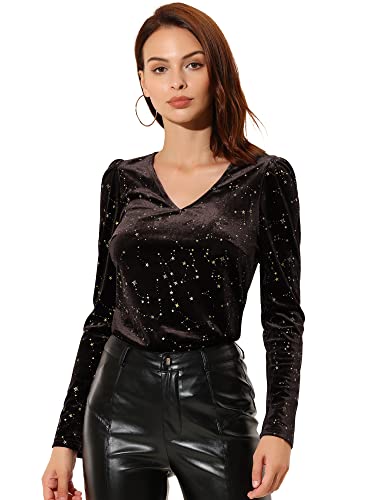 Allegra K Blusa De Manga Larga con Cuello En V De Terciopelo para Mujer, Blusa con Estrellas Brillantes Metálicas Doradas Marrón L